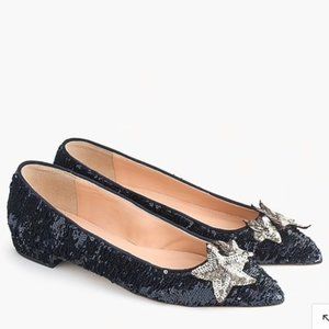 NIB J.CREW Sequin Star Pointed Toe Flats Navy Blue Silver $168 10